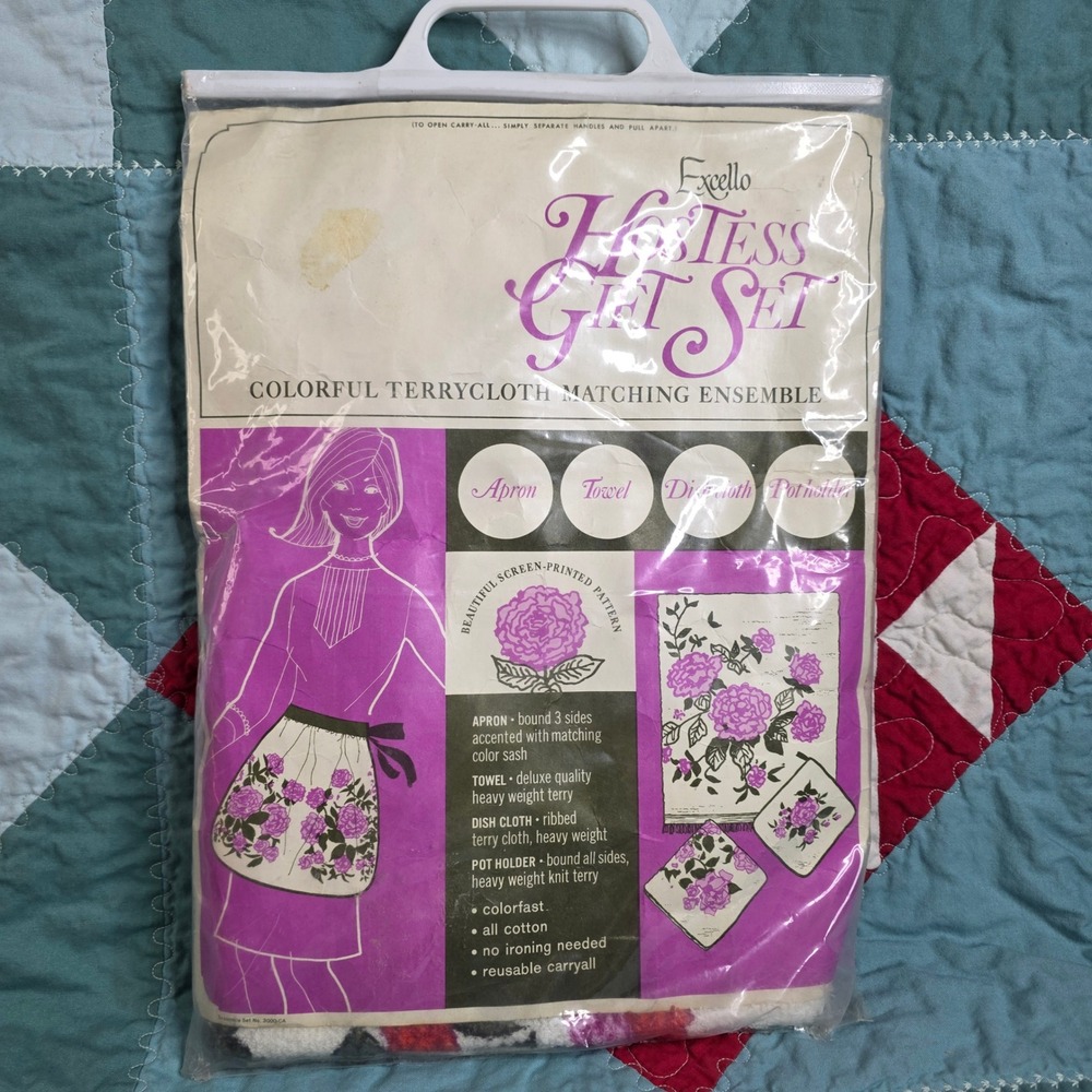 Excello Hostess Gift Set Terrycloth Floral Apron Towel Dish Cloth Pot Holder NOS